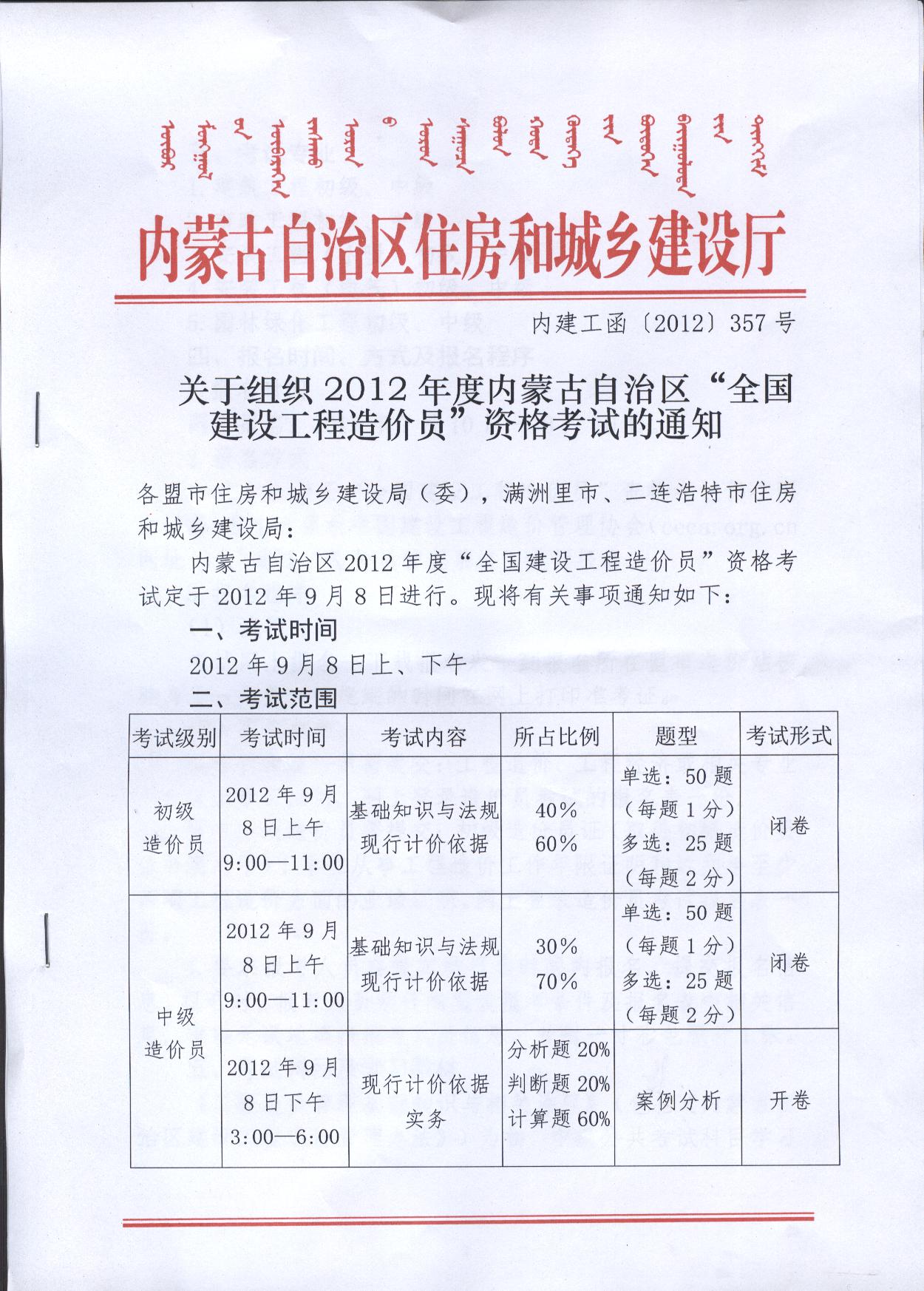 內蒙古2012年造價員考試報名