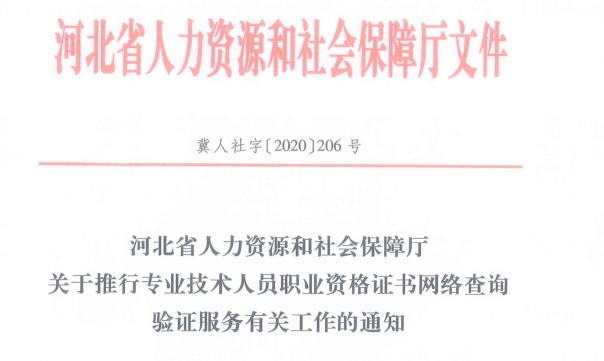 河北省人力資源和社會保障廳關(guān)于推行專業(yè)技術(shù)人員職業(yè)資格證書網(wǎng)絡查詢驗證服務有關(guān)工作的通知