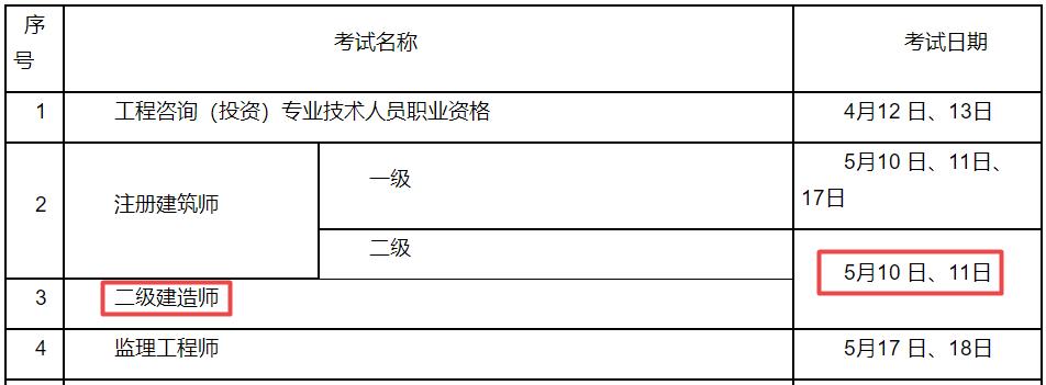 2025年江蘇二級建造師考試時間5月10日、11日